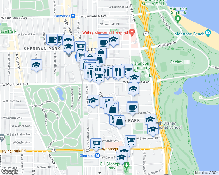 map of restaurants, bars, coffee shops, grocery stores, and more near 4316 North Hazel Street in Chicago