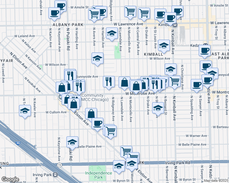 map of restaurants, bars, coffee shops, grocery stores, and more near 3725 West Montrose Avenue in Chicago