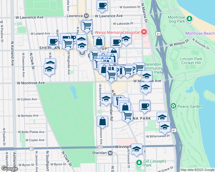 map of restaurants, bars, coffee shops, grocery stores, and more near 4350 North Broadway Street in Chicago