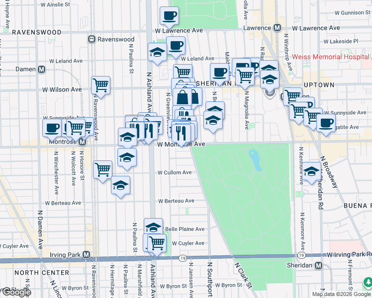 map of restaurants, bars, coffee shops, grocery stores, and more near 1429 West Montrose Avenue in Chicago