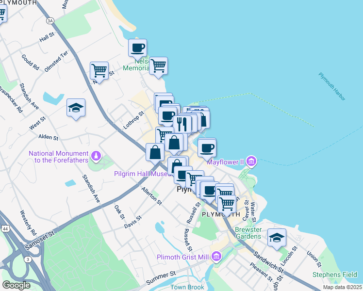 map of restaurants, bars, coffee shops, grocery stores, and more near 79 South Park Avenue in Plymouth