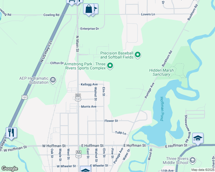 map of restaurants, bars, coffee shops, grocery stores, and more near 1215 Elm Street in Three Rivers