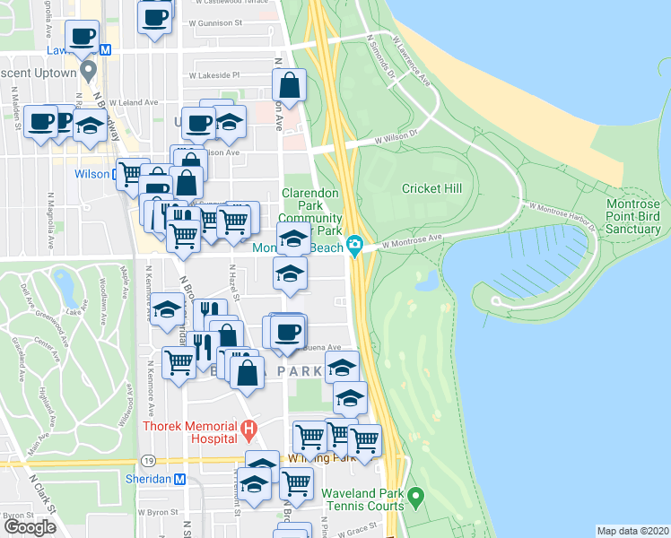 map of restaurants, bars, coffee shops, grocery stores, and more near 707 West Junior Terrace in Chicago