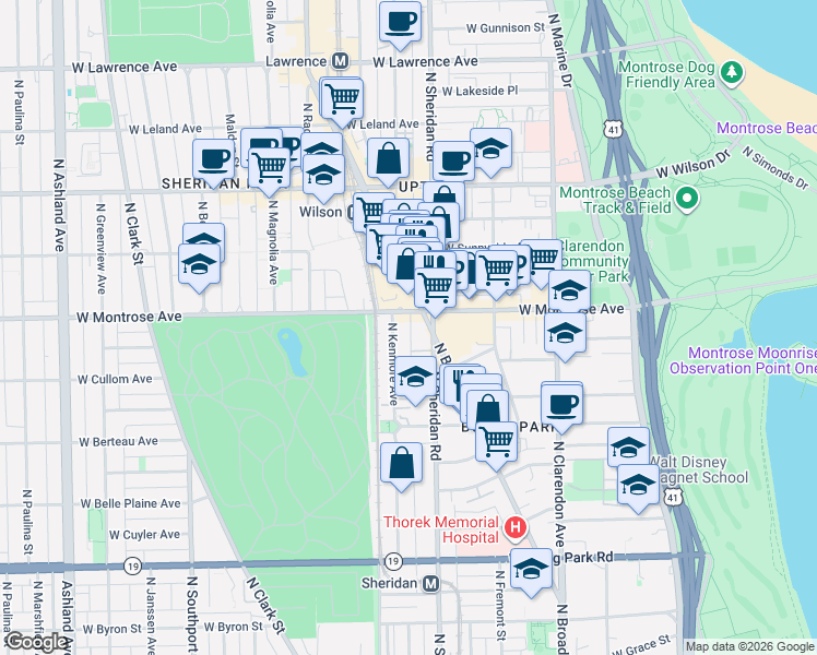 map of restaurants, bars, coffee shops, grocery stores, and more near 4342 North Sheridan Road in Chicago
