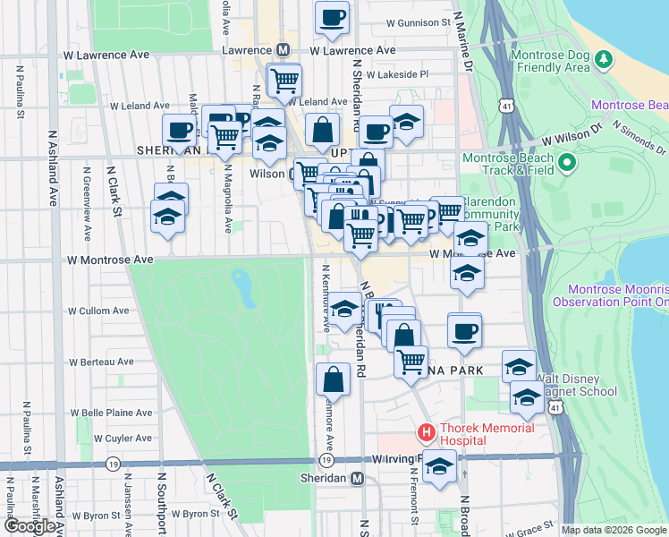 map of restaurants, bars, coffee shops, grocery stores, and more near 4342 North Sheridan Road in Chicago