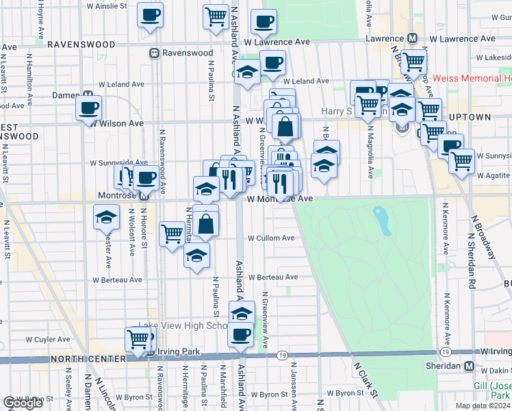 map of restaurants, bars, coffee shops, grocery stores, and more near 4341 North Greenview Avenue in Chicago