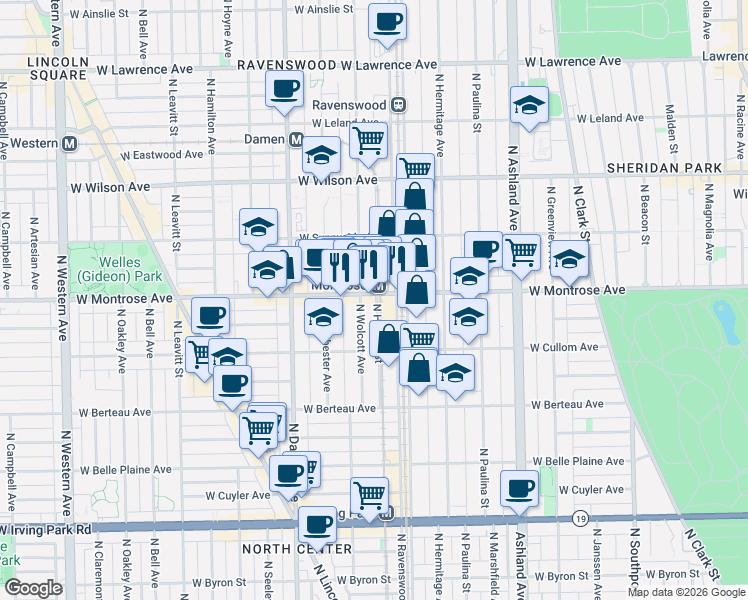 map of restaurants, bars, coffee shops, grocery stores, and more near 4311 North Honore Street in Chicago