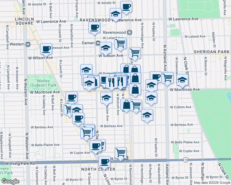 map of restaurants, bars, coffee shops, grocery stores, and more near 4344 North Wolcott Avenue in Chicago