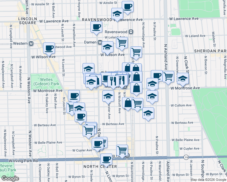 map of restaurants, bars, coffee shops, grocery stores, and more near 4344 North Wolcott Avenue in Chicago