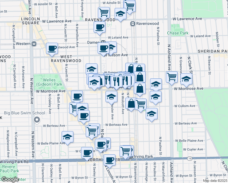 map of restaurants, bars, coffee shops, grocery stores, and more near 4344 North Wolcott Avenue in Chicago