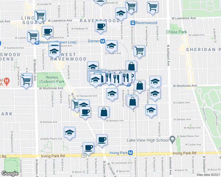 map of restaurants, bars, coffee shops, grocery stores, and more near in Chicago