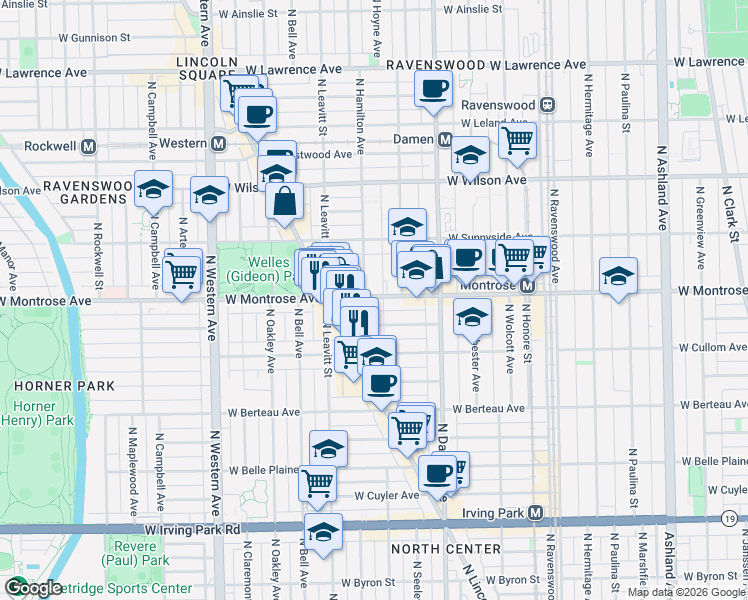 map of restaurants, bars, coffee shops, grocery stores, and more near 2130 West Pensacola Avenue in Chicago