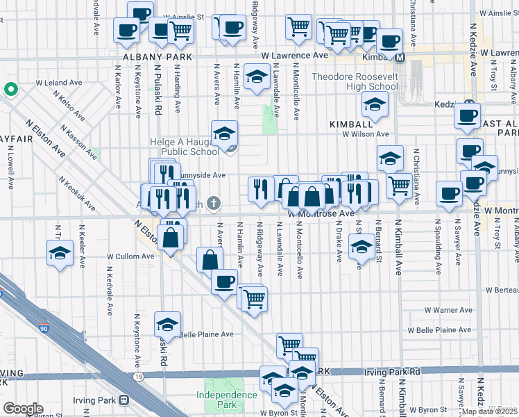 map of restaurants, bars, coffee shops, grocery stores, and more near 3725 West Montrose Avenue in Chicago