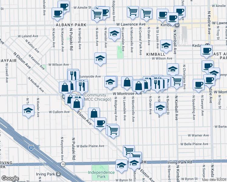 map of restaurants, bars, coffee shops, grocery stores, and more near 3725 West Montrose Avenue in Chicago