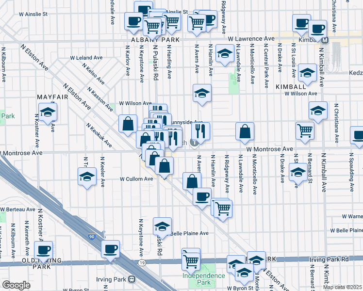 map of restaurants, bars, coffee shops, grocery stores, and more near 3916 West Montrose Avenue in Chicago