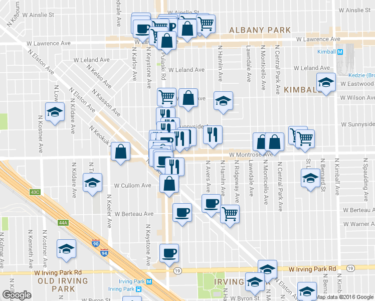 map of restaurants, bars, coffee shops, grocery stores, and more near 3916 West Montrose Avenue in Chicago