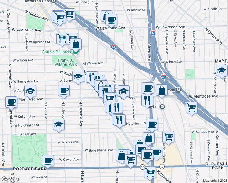 map of restaurants, bars, coffee shops, grocery stores, and more near 5010 West Montrose Avenue in Chicago