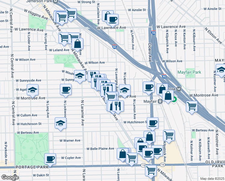 map of restaurants, bars, coffee shops, grocery stores, and more near 5010 West Montrose Avenue in Chicago