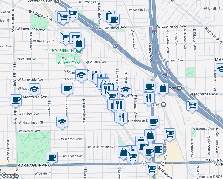 map of restaurants, bars, coffee shops, grocery stores, and more near 5010 West Montrose Avenue in Chicago