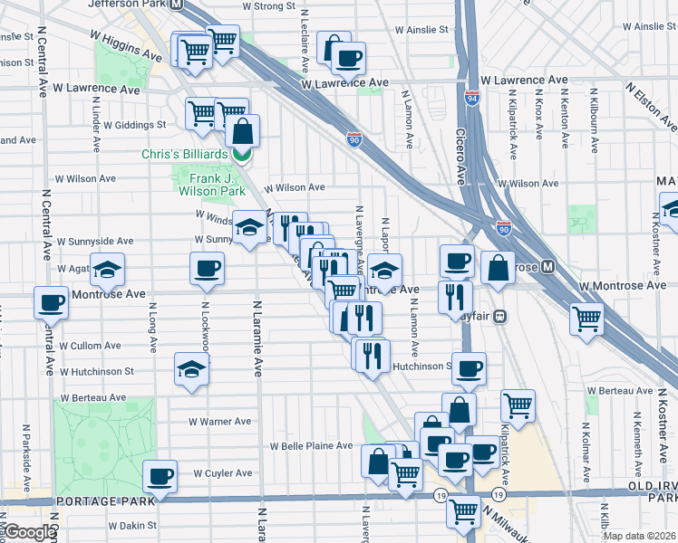 map of restaurants, bars, coffee shops, grocery stores, and more near 5010 West Montrose Avenue in Chicago