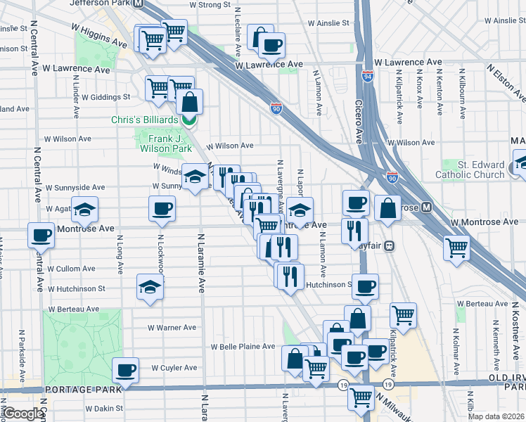 map of restaurants, bars, coffee shops, grocery stores, and more near 5010 West Montrose Avenue in Chicago