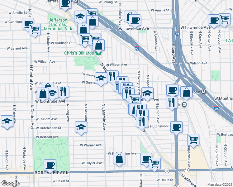 map of restaurants, bars, coffee shops, grocery stores, and more near 5138 West Montrose Avenue in Chicago