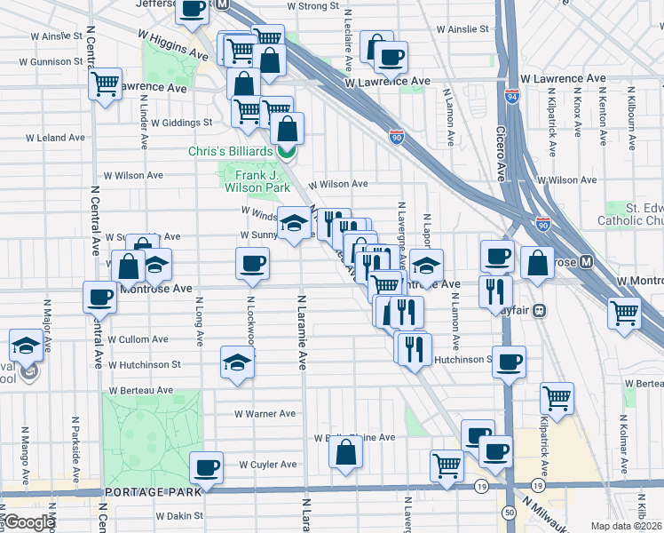 map of restaurants, bars, coffee shops, grocery stores, and more near 5138 West Montrose Avenue in Chicago