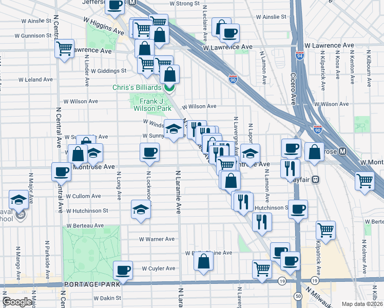map of restaurants, bars, coffee shops, grocery stores, and more near 5138 West Montrose Avenue in Chicago