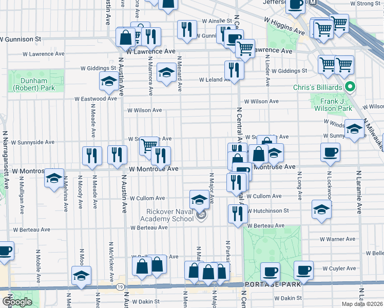 map of restaurants, bars, coffee shops, grocery stores, and more near 4418 North Mango Avenue in Chicago