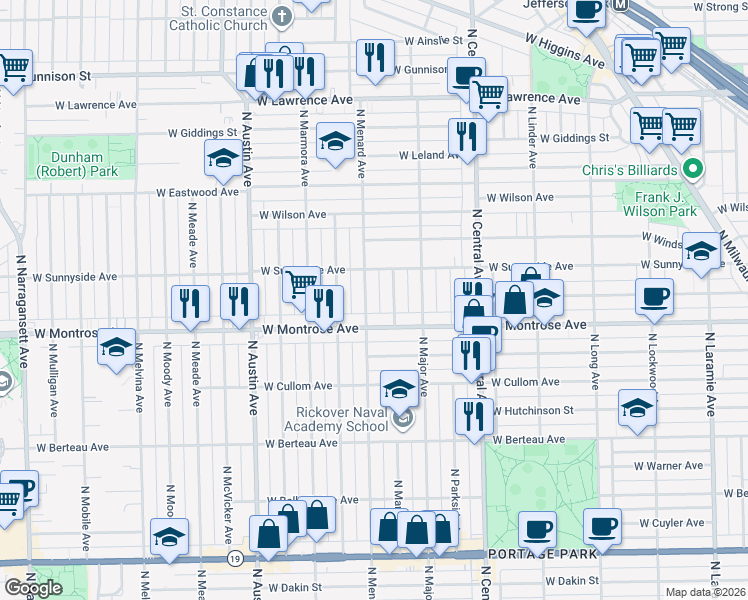 map of restaurants, bars, coffee shops, grocery stores, and more near 4418 North Menard Avenue in Chicago