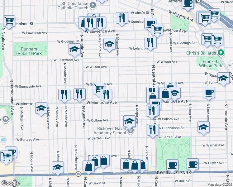 map of restaurants, bars, coffee shops, grocery stores, and more near 4418 North Menard Avenue in Chicago
