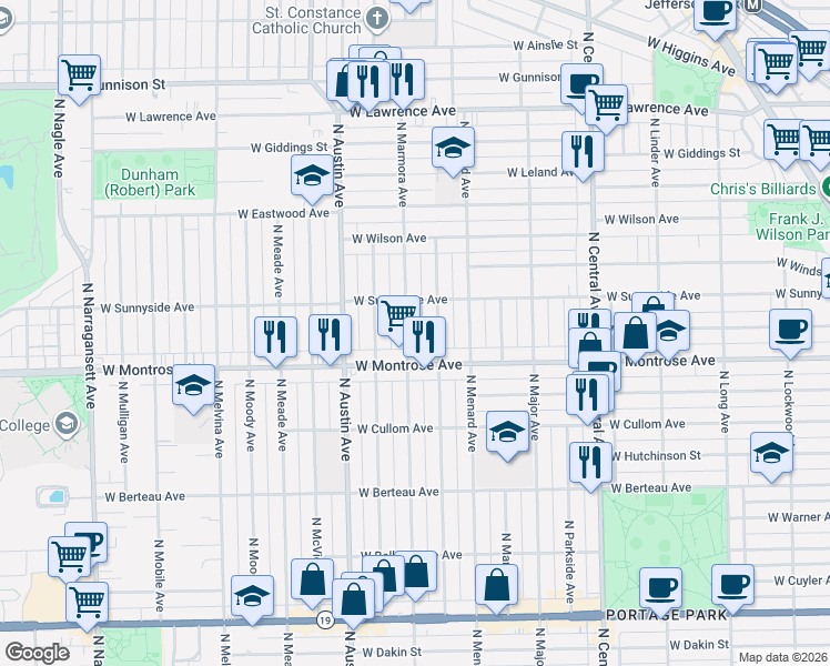 map of restaurants, bars, coffee shops, grocery stores, and more near 4415 North Marmora Avenue in Chicago