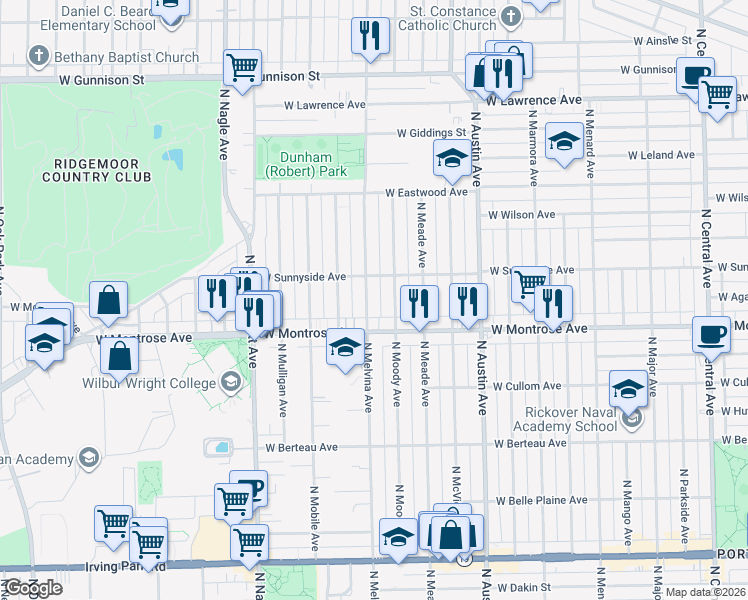 map of restaurants, bars, coffee shops, grocery stores, and more near 4419 North Melvina Avenue in Chicago