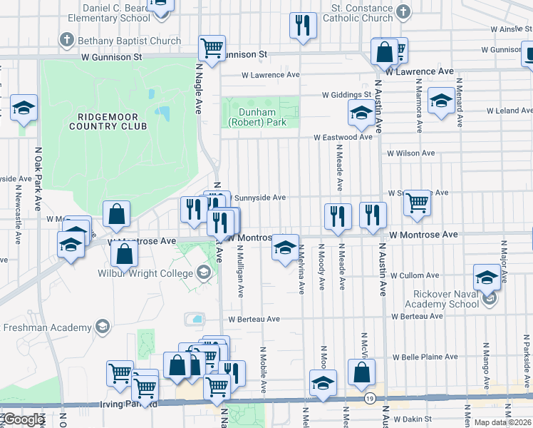 map of restaurants, bars, coffee shops, grocery stores, and more near 4422 North Mobile Avenue in Chicago