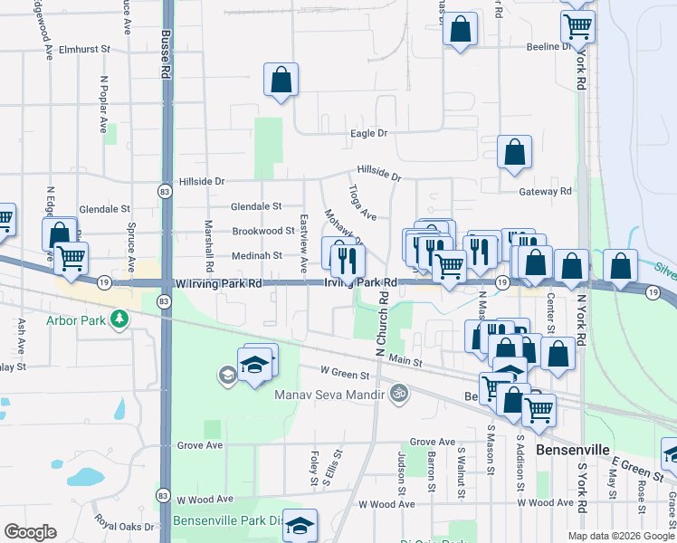map of restaurants, bars, coffee shops, grocery stores, and more near 718a Illinois 19 in Bensenville