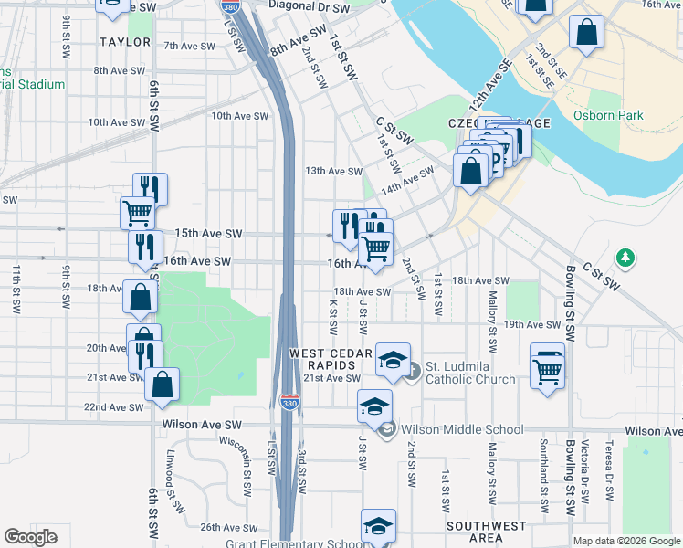 map of restaurants, bars, coffee shops, grocery stores, and more near 250 18th Avenue Southwest in Cedar Rapids