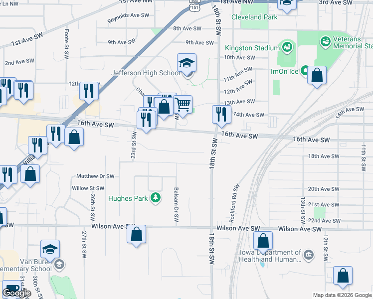 map of restaurants, bars, coffee shops, grocery stores, and more near 1924 Shady Grove Road Southwest in Cedar Rapids