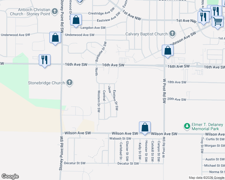 map of restaurants, bars, coffee shops, grocery stores, and more near 1700 Eastern Drive Southwest in Cedar Rapids