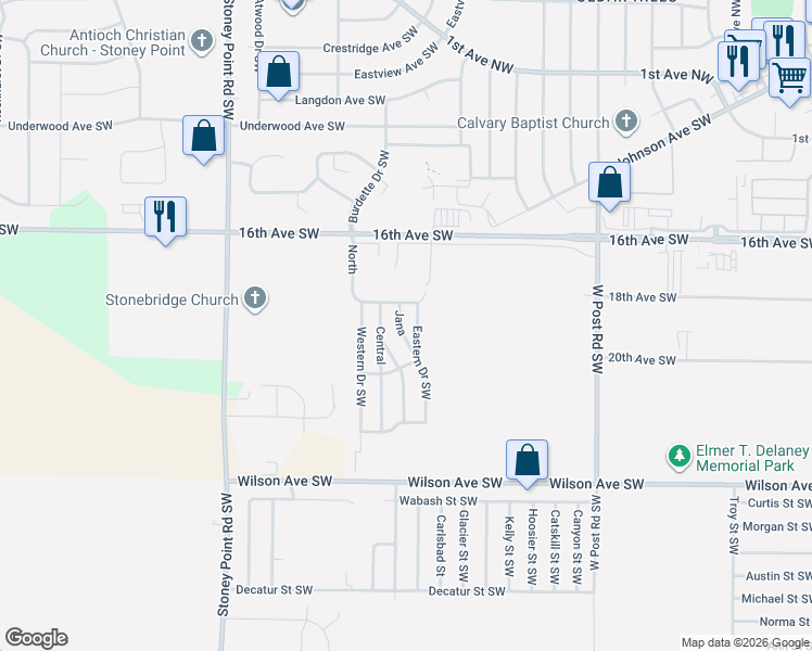 map of restaurants, bars, coffee shops, grocery stores, and more near 1700 Eastern Drive Southwest in Cedar Rapids