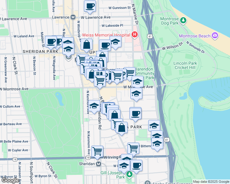 map of restaurants, bars, coffee shops, grocery stores, and more near 4334 North Hazel Street in Chicago