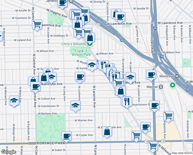 map of restaurants, bars, coffee shops, grocery stores, and more near 5200 West Montrose Avenue in Chicago