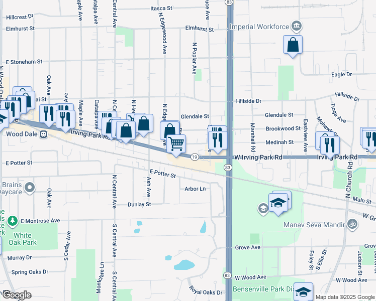map of restaurants, bars, coffee shops, grocery stores, and more near 1339 Irving Park Road in Bensenville