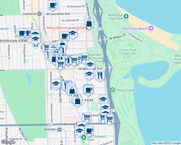 map of restaurants, bars, coffee shops, grocery stores, and more near 4343 North Clarendon Avenue in Chicago