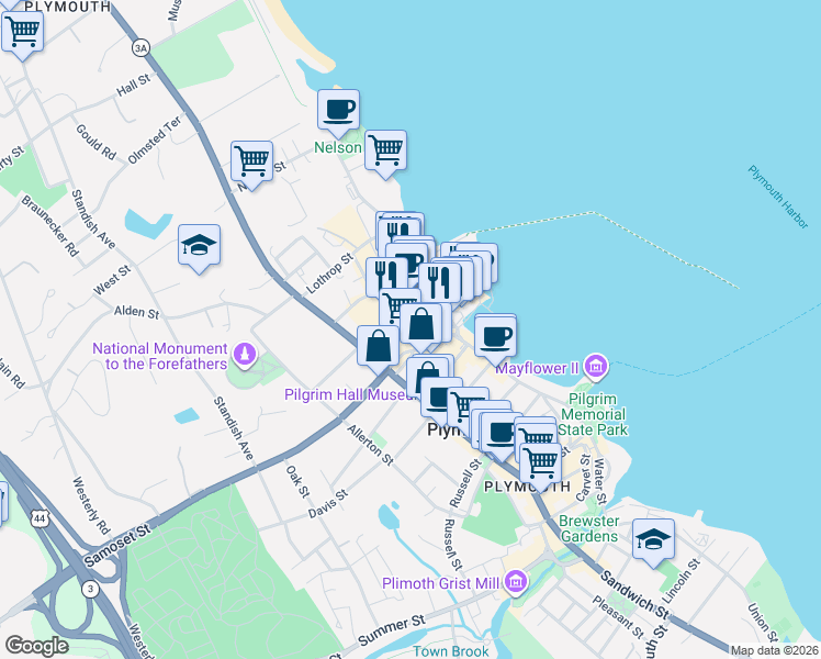 map of restaurants, bars, coffee shops, grocery stores, and more near 20 North Park Avenue in Plymouth