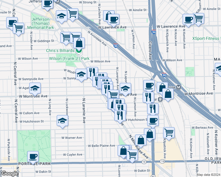 map of restaurants, bars, coffee shops, grocery stores, and more near 5027 West Agatite Avenue in Chicago