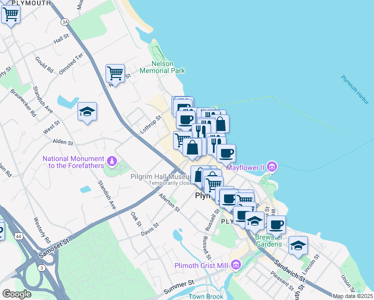 map of restaurants, bars, coffee shops, grocery stores, and more near 14 North Park Avenue in Plymouth