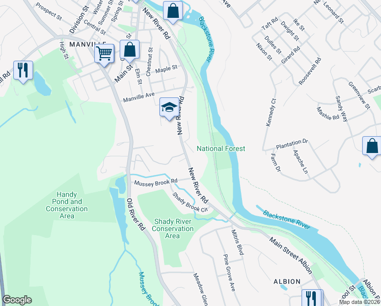 map of restaurants, bars, coffee shops, grocery stores, and more near 402 New River Road in Lincoln