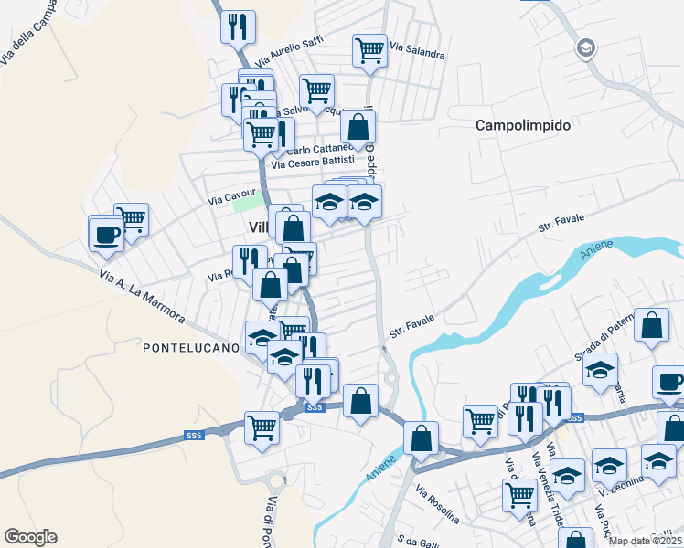 map of restaurants, bars, coffee shops, grocery stores, and more near 7 Via Daniele Manin in Villanova