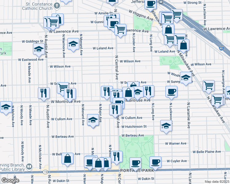 map of restaurants, bars, coffee shops, grocery stores, and more near 4415 North Parkside Avenue in Chicago
