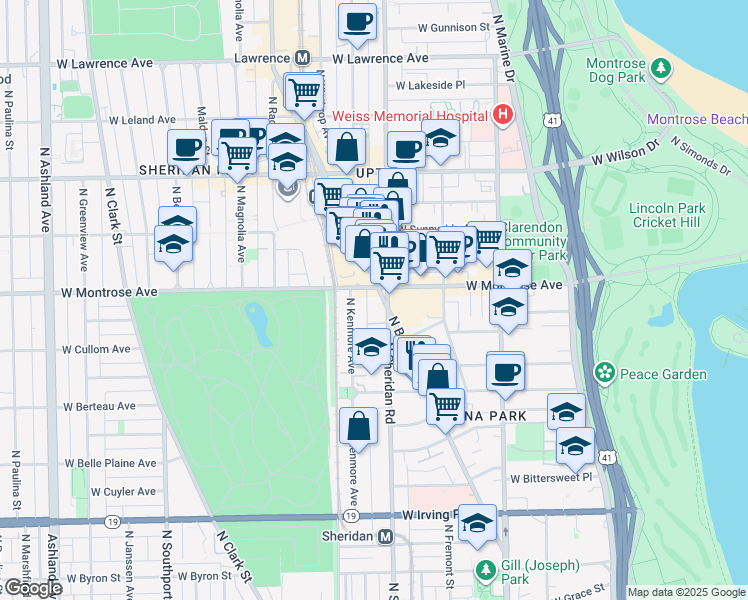 map of restaurants, bars, coffee shops, grocery stores, and more near 4342 North Sheridan Road in Chicago
